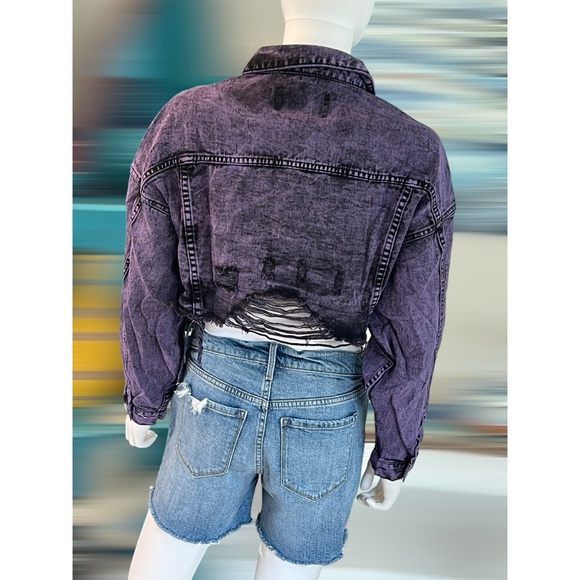 SIGNATURE Acid wash purple & black distressed Jean jacket S M L - Picture 6 of 11